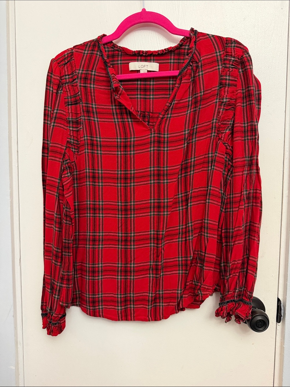 LOFT Red and Black Plaid V-Neck Long Sleeve Blouse